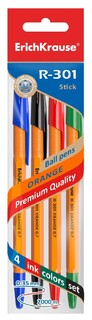 Набор  4 шариковых ручек "Erich Krause.R-301 Orange Stick" 0.7мм ассорти 44594 оранраж. корпус