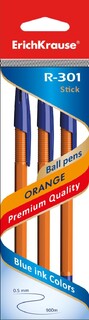 Набор  3 синих шариковых ручек "Erich Krause.R-301 Orange Stick" 0,7мм 42743