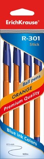 Набор  4 синих шариковых ручек "Erich Krause.R-301 Orange Stick" 0.7 мм 22189