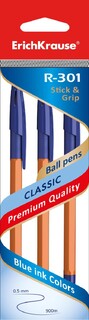 Набор  3 синих шариковых ручек "Erich Krause.R-301 Orange Stick&Crip" 0,7мм 42752