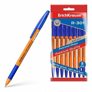 Набор  8 синих шариковых ручек "Erich Krause.R-301 Stick&Grip Orange" 0,7 мм 56569