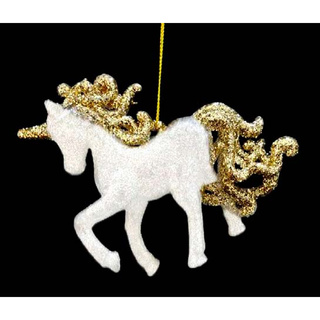 Елочная игрушка "Единорог с блестками" белая с золотом 10см акрил 253366