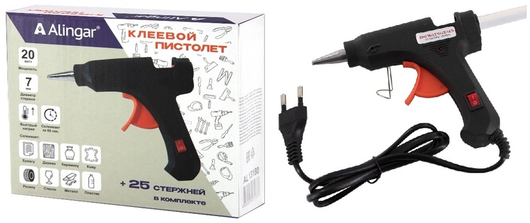 Пистолет клеевой 20Вт, стержень 0,7см +25 стержней AL13180 Alingar