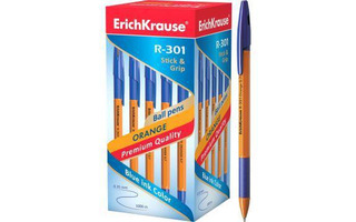 Ручка шариковая "Erich Krause.R-301 Orange Stick&Grip" синяя 0,7мм оранжевая 39531