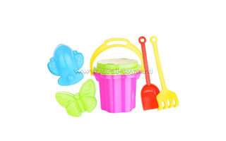 Набор для песка №103 (ведро-цветок 0,3л+сито+лопатка+грабли+формы) 12*12*15см 01803