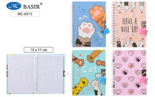 Блокнот "Кошкины лапки" 15*11см с замком на гребне тв.обл 48л клетка МС-6915 Басир