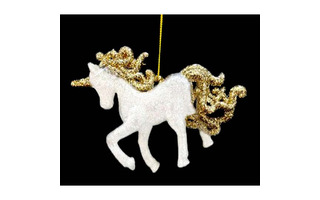 Елочная игрушка "Единорог с блестками" белая с золотом 10см акрил 253366
