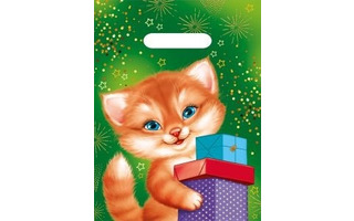 Пакет   22*29 "Котик с подарками" с вырубкой ПЭ малый код 081 56,004,00