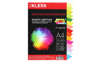 Бумага офисная А4  30л  15цв "KLERK" 30л 80гр пастель+интенсив+неон 232150 Кокос